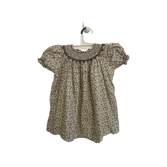 The Plantation Shop Girls 1T Brown Blue Yellow Floral Short Sleeve Smocked Dress - Picture 5 of 9